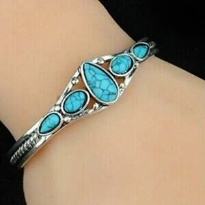 Turquoise Silver Open Bangle Wrist Bracelet Boho Arm Accessorie Classic